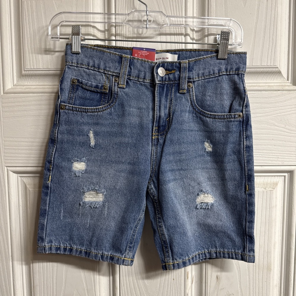 Levi's Boys 511 Slim distressed Denim Shorts Blue 10 Adjustable Waist Pockets